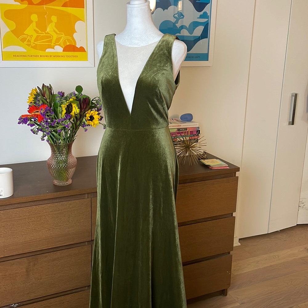 BHLDN olive 🫒 Velvet Deep V plunge long dress